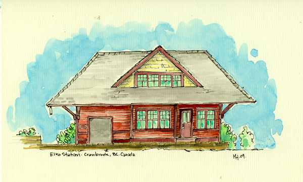 Pen & watercolour image of the old Elko Station, and the headquarters for bluebeetle creative.
